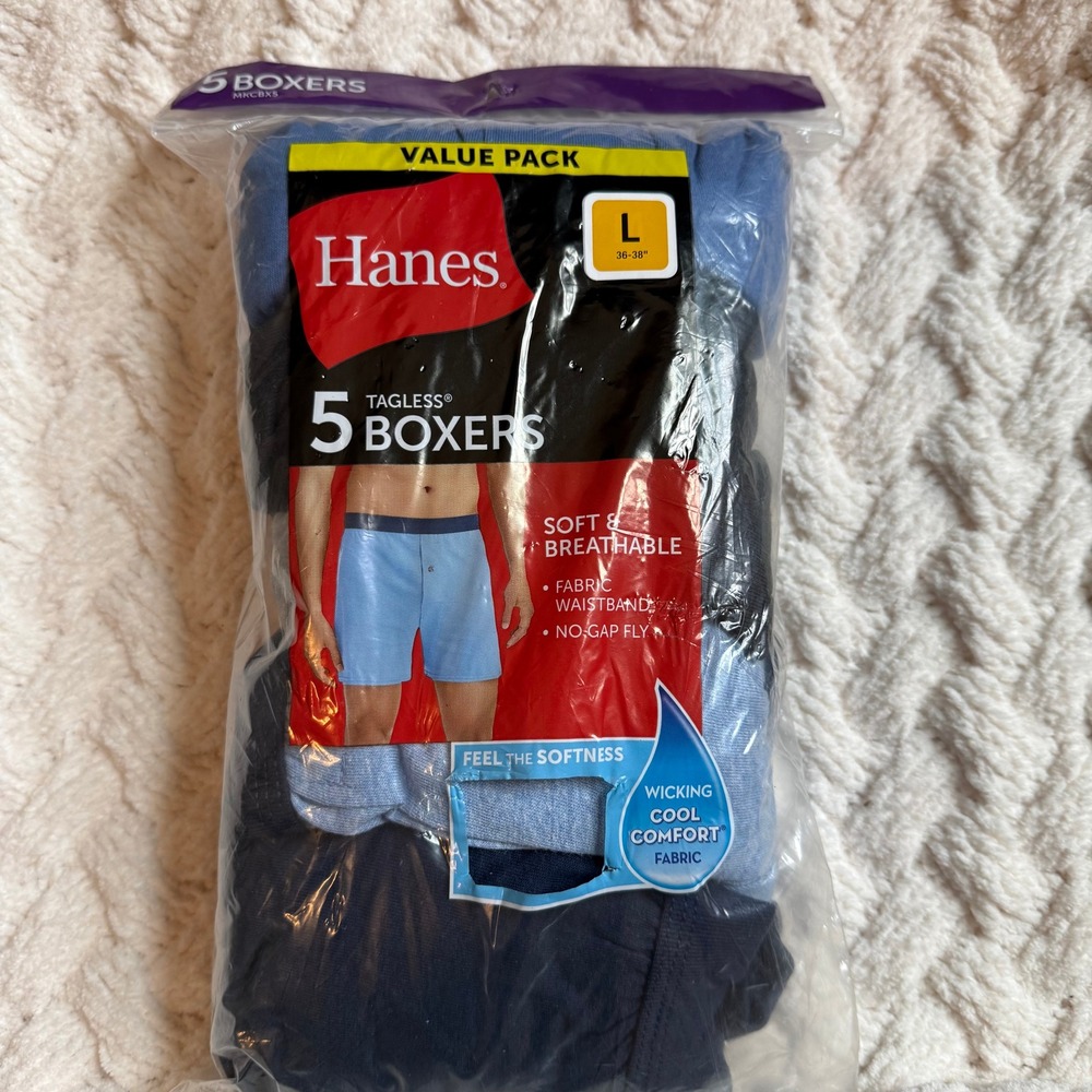 Hanes Mens Tagless Boxers 5 Pack Blue Navy Grey Cool Comfort Knit L 36-38
